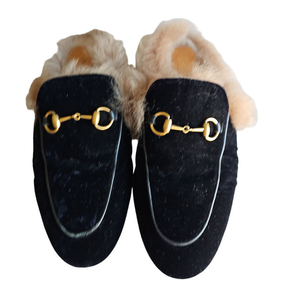 Gucci Princetown Velvet Fur-Lined Mule Black Size 6 - Picture 4 of 14